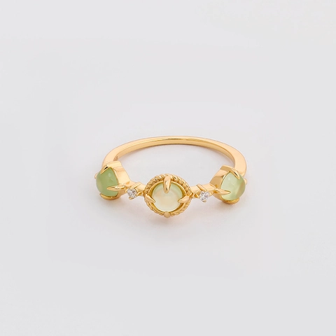 Vintage 925 Sterling Silver Gold Plated Prehnite Ring For Women Fresh Pastoral Style Green Stone Zircon Inlaid Finger Ring