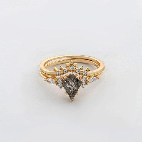 925 Sterling Silver Kite Cut Moss Agate Black Rutilated Quartz Stackable Ring Vintage 14K Gold Plated Zirconia Jewelry Women
