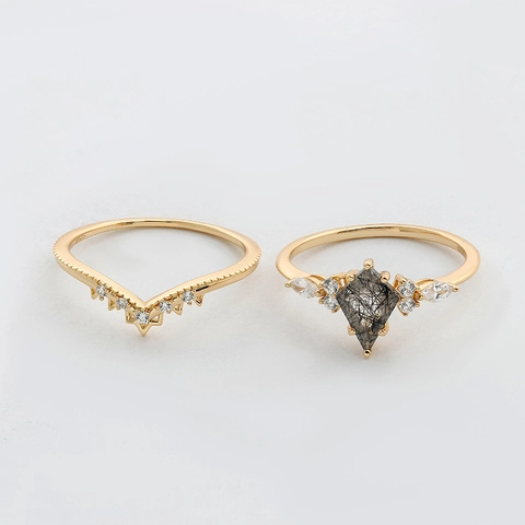 925 Sterling Silver Kite Cut Moss Agate Black Rutilated Quartz Stackable Ring Vintage 14K Gold Plated Zirconia Jewelry Women
