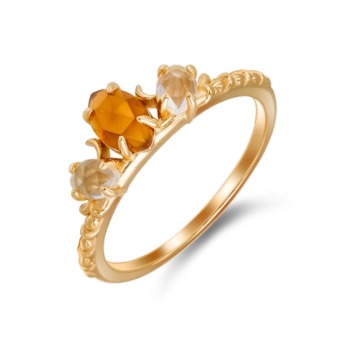 Anillo Vintage de Plata de Ley 925 con Granate Naranja y Cristal Blanco para Mujer Chapado en Oro Tres Piedras Gema Ovalada Joyería Llamativa