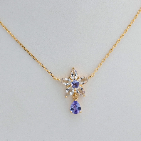 Collana Con Pendente a Campanula in Argento Sterling 925 Placcato Oro 14K Con Zircone Tanzanite e Topazio Bianco