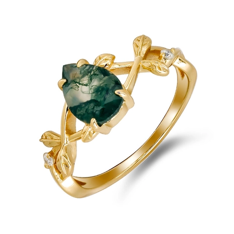 925 Sterling Silver Moss Agate Ring For Women 14K Gold Plated Pear Shaped Green Stone Vine Leaf Design Cubic Zirconia Finger Ring Jewelry
