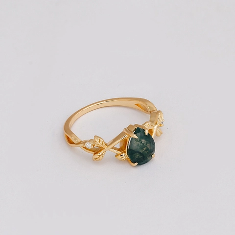 925 Sterling Silver Moss Agate Ring For Women 14K Gold Plated Pear Shaped Green Stone Vine Leaf Design Cubic Zirconia Finger Ring Jewelry