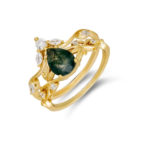 S925 Sterling Silver Stackable Ring Set Pear Shaped Moss Agate Alexandrite Zircon Vine Leaf Vintage Natural Jewelry For Women