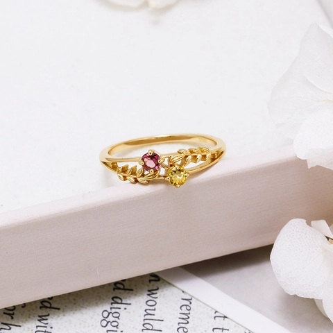 925 Sterling Silver 14K Gold Plated Gemstone Ring Pink Yellow Dual Stone Leaf Pattern Elegant Women Jewelry Finger Ring