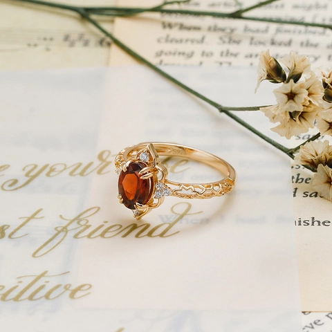 925 Sterling Silver 14K Gold Plated Red Garnet Ring For Women Vintage Hollow Oval Zirconia Elegant Luxury Jewelry Finger Ring