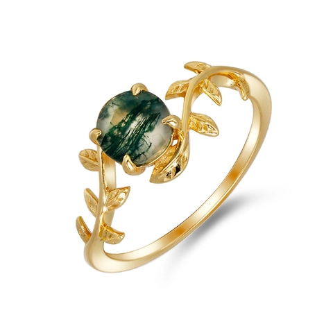 Natural Moss Agate Amethyst Leaf Vine Ring 925 Sterling Silver Gold Plated Vintage Aesthetic Jewelry For Women Wedding