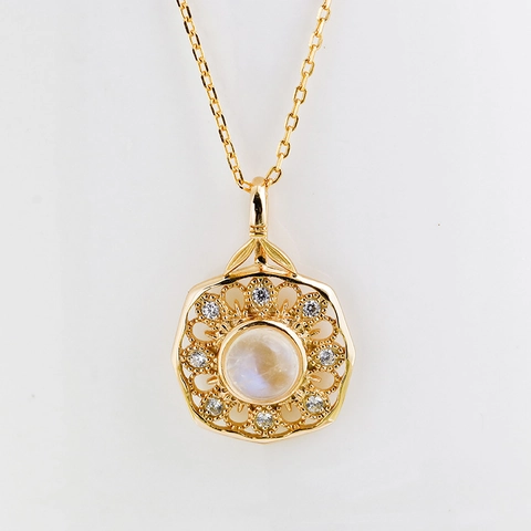 Vintage S925 Sterling Silver 14K Gold Plated Hollow Moonstone Pendant For Women With White Zirconia Elegant Fashion Jewelry
