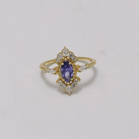Vintage S925 Sterlingsilber 14K Vergoldet Ring Marquise Lila Tansanit Zirkonia Weißer Zirkon Cluster Royal Statement Ring Schmuck