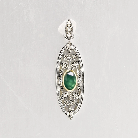 Vintage S925 Sterling Silver Green Chalcedony Pendant For Women French Luxury Hollow Leaf Oval Zircon Inlaid Jewelry Gift