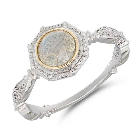 Vintage 925 Sterling Silver Labradorite Ring For Women Gold Plated Hexagon Geometric Engraved Relief Bohemian Jewelry