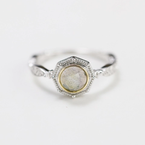Vintage 925 Sterling Silver Labradorite Ring For Women Gold Plated Hexagon Geometric Engraved Relief Bohemian Jewelry