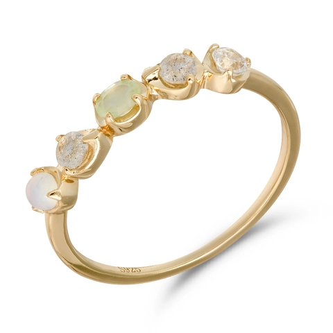 S925 Sterling Silver 14K Gold Plated Gemstone Ring For Women Vintage Labradorite Opal Prehnite Light Luxury Fine Jewelry Gift
