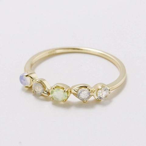 S925 Sterling Silver 14K Gold Plated Gemstone Ring For Women Vintage Labradorite Opal Prehnite Light Luxury Fine Jewelry Gift