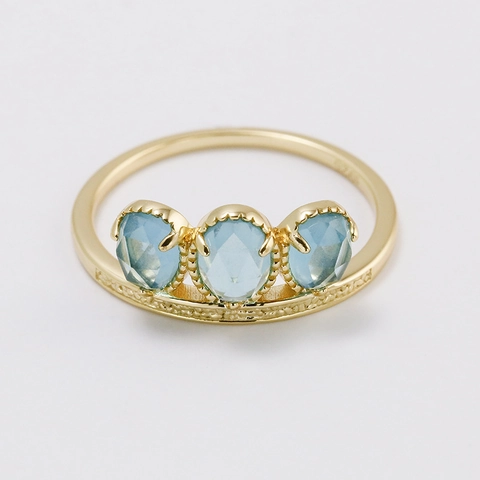 Vintage S925 Sterling Silver 14K Gold Plated Ring For Women Retro Three Blue Rose Cut Glass Stone Adjustable Band Ring Jewelry
