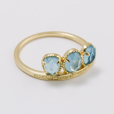 Vintage S925 Sterling Silver 14K Gold Plated Ring For Women Retro Three Blue Rose Cut Glass Stone Adjustable Band Ring Jewelry
