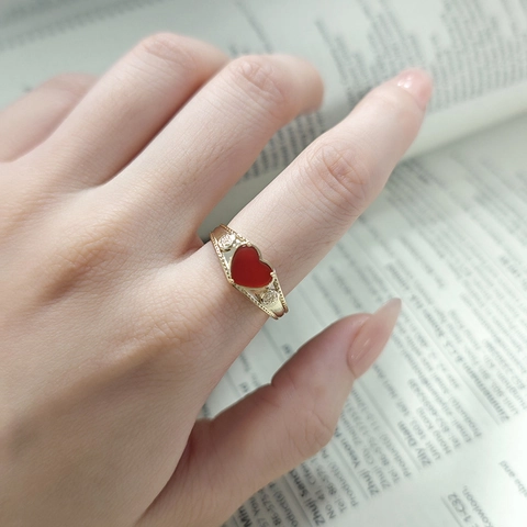 S925 Sterling Silver Natural Red Agate Heart Ring Vintage 14K Gold Plated Embossed Jewelry Ring For Women Fashion Gift