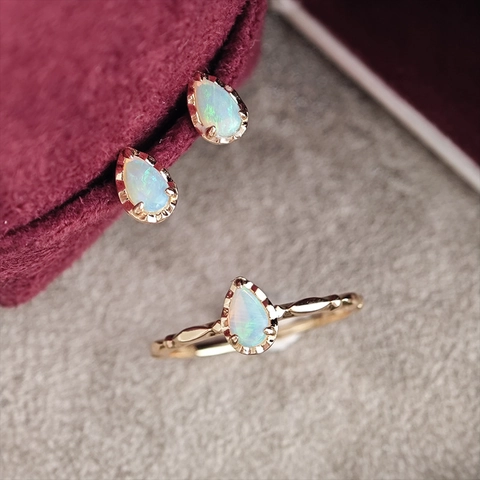 Conjunto de Joyas de Plata de Ley 925 con Ópalo Australiano Natural Anillo de Gota y Pendientes Chapados en Oro Joyas Vintage para Boda