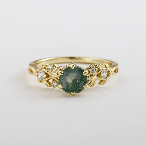 S925 Sterling Silver Gold Plated Moss Agate Star Ring Vintage Natural Leaf Design With White Zirconia Jewelry For Women