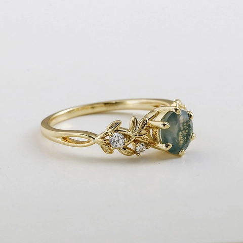 S925 Sterling Silver Gold Plated Moss Agate Star Ring Vintage Natural Leaf Design With White Zirconia Jewelry For Women