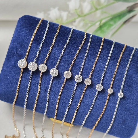 S925 Sterling Silver Moissanite Bracelet Minimalist Round Single Stone Adjustable Thin Chain For Women Fashion Jewelry Gift