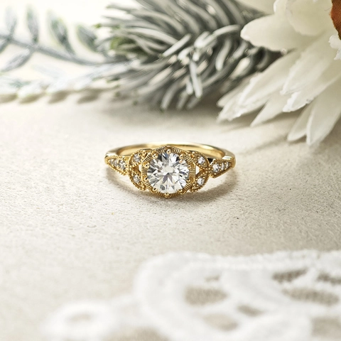 Vintage 925 Sterling Silver Gold Plated Moissanite Ring Round Cut Zirconia Leaf Victorian Wedding Jewelry Finger Ring