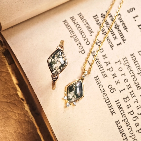Vintage Moss Agate 925 Sterling Silver Gold Plated Lozenge Ring And Pendant Necklace For Women Elegant Natural Stone Jewelry