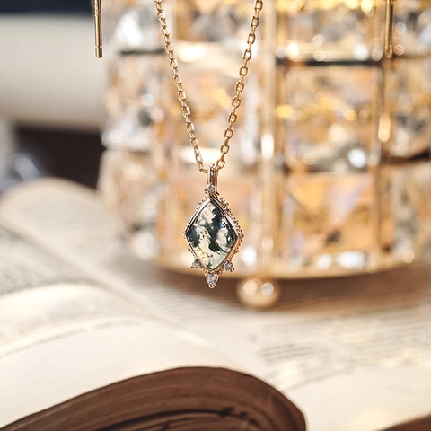 Vintage Moss Agate 925 Sterling Silver Gold Plated Lozenge Ring And Pendant Necklace For Women Elegant Natural Stone Jewelry