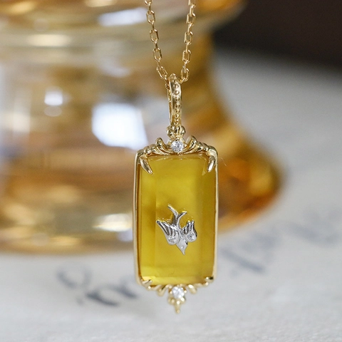 Vintage 925 Sterling Silver 14K Gold Plated Jewelry Women Mother Of Artificial Pearl Yellow Glass Swallow Bird Ring Pendant Necklace