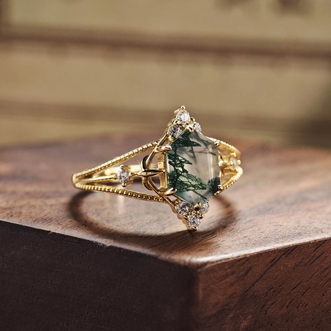 Vintage 925 Sterling Silver Moss Agate Ring Gold Plated Geometric Hexagon Zirconia Inlaid Jewelry For Women Retro Luxury Accessory
