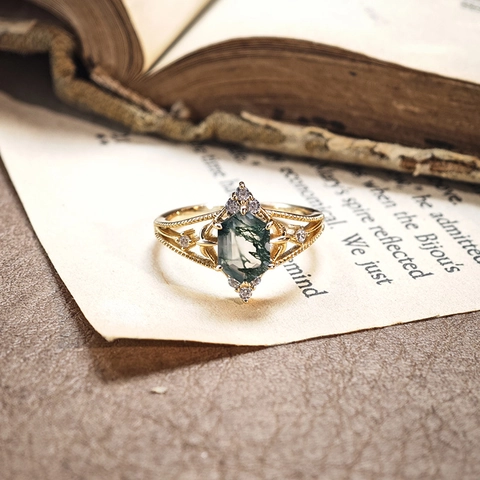 Vintage 925 Sterling Silver Moss Agate Ring Gold Plated Geometric Hexagon Zirconia Inlaid Jewelry For Women Retro Luxury Accessory