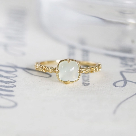 Vintage S925 Sterling Silver Gold Plated Natural Prehnite Ring Square Green Gemstone Floral Lace Finger Ring Women Jewelry