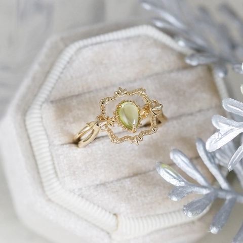S925 Sterling Silver Natural Peridot Ring For Women Vintage Hollow Frame Gold Plated Elegant French Style Finger Jewelry