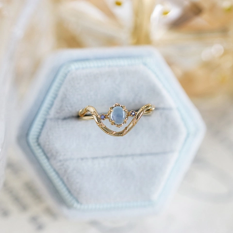 Vintage S925 Sterling Silver Aquamarine Ring Set For Women Light Luxury Gold Plated Stackable Geometric Wave Gemstone Ring Jewelry