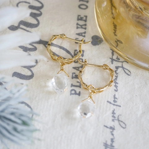 Boucles d'Oreilles Créoles Plaqué Or 14K avec Tige Argent 925 Cristal de Roche Naturel Pendentif Goutte Géométrique