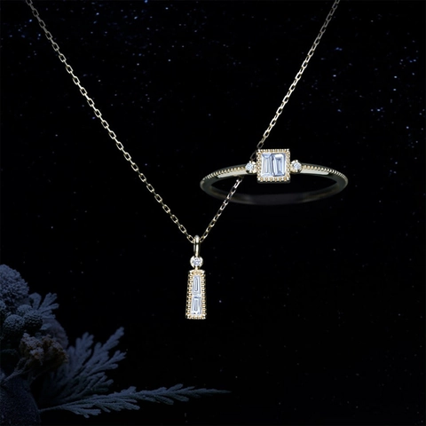 S925 Sterling Silver Gold Plated Jewelry For Women Baguette Cut Zirconia Rectangle Pendant Necklace And Ring Earring