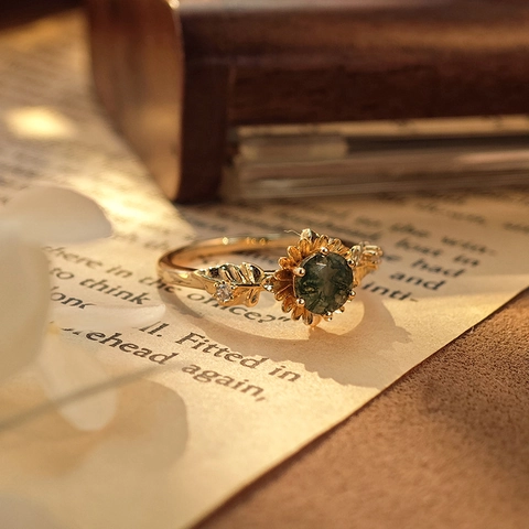 Vintage 925 Sterling Silver Ring With Natural Moss Agate Sunflower Flower White Zirconia Gold Plated Jewelry For Women