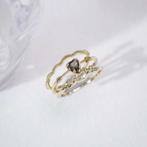 Vintage 925 Sterling Silver 14K Gold Plated Smoky Quartz Rings Stackable Cupid Angel Heart Finger Rings Jewelry For Women