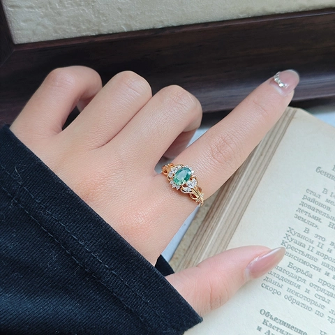 Vintage S925 Sterling Silver Moss Agate Ring For Women Gold Plated Oval Green Stone Zirconia Filigree Jewelry Gift