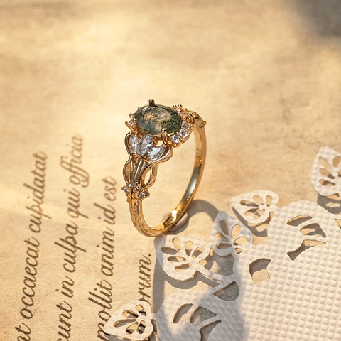 Vintage S925 Sterling Silver Moss Agate Ring For Women Gold Plated Oval Green Stone Zirconia Filigree Jewelry Gift
