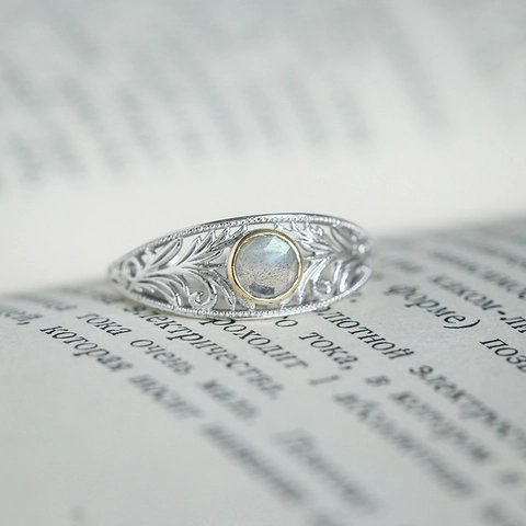 Vintage 925 Sterlingsilber Labradorit Ring Palast-Stil Hohl Spitzen-Design 14K Vergoldet Schmuck Für Damen Geschenk