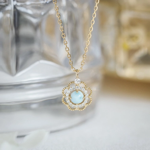 Ensemble de Bijoux Fleur Larimar en Argent S925 Plaqué Or 14K Zirconium Blanc Collier Pendentif Creux Boucles d'Oreilles