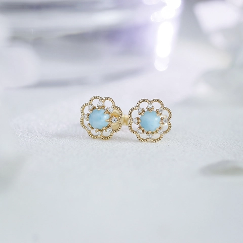 Ensemble de Bijoux Fleur Larimar en Argent S925 Plaqué Or 14K Zirconium Blanc Collier Pendentif Creux Boucles d'Oreilles