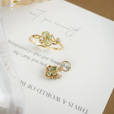 925 Sterling Silver Gold Plated Peridot Green Four Leaf Clover Ring Pendant Jewelry Set Elegant Floral Luck Gift For Women