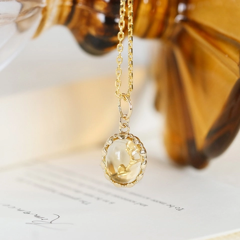 Vintage 925 Sterling Silver Citrine Rose Flower Pendant Necklace And Ring For Women 14K Gold Plated Elegant Jewelry Gift