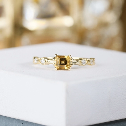 Vintage Square Yellow Citrine Ring S925 Sterling Silver 14K Gold Plated Zirconia Geometric Wave Band Ring For Women Jewelry