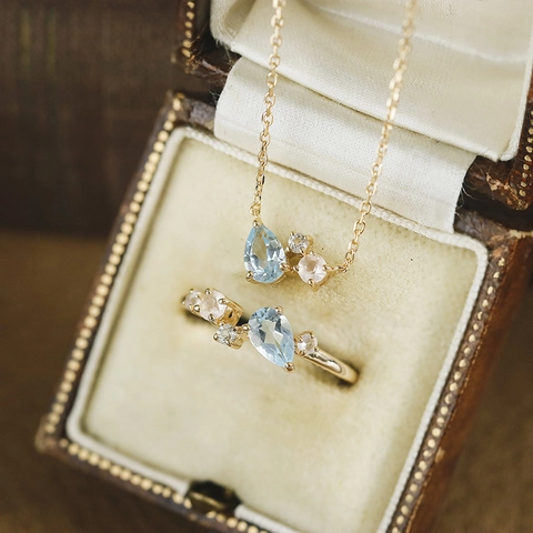 Elegant S925 Sterling Silver 14K Gold Plated Sky Blue Topaz Necklace And Ring Jewelry Set For Women Wedding Party Jewelry