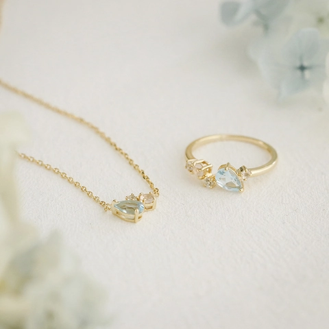 Elegant S925 Sterling Silver 14K Gold Plated Sky Blue Topaz Necklace And Ring Jewelry Set For Women Wedding Party Jewelry