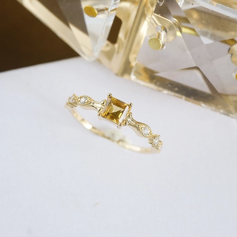 Vintage Square Yellow Citrine Ring S925 Sterling Silver 14K Gold Plated Zirconia Geometric Wave Band Ring For Women Jewelry