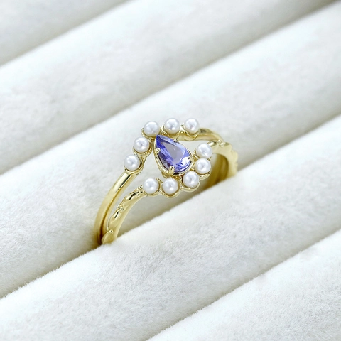 Bagues en Argent Sterling S925 Plaqué Or 14K avec Tanzanite et Künstliche Perles pour Femmes Vintage Français Empilables Goutte d'Eau Pierre Violette Bijoux Couronne